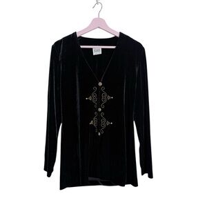 Vintage 90s Karen Wong velvet Black gold‎ embellished Top M/L